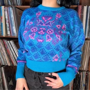 Blue and Pink Patterned Women's Sweater